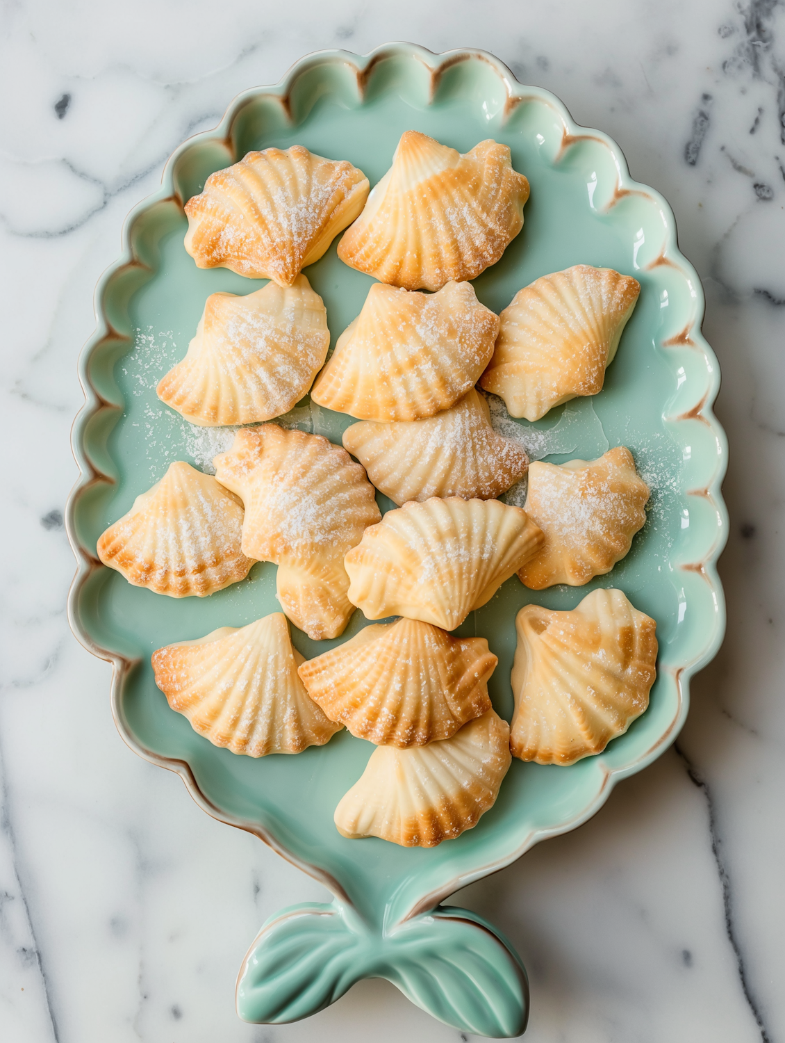 Shell-shaped madeleines dusted with powdered sugar on a green plate