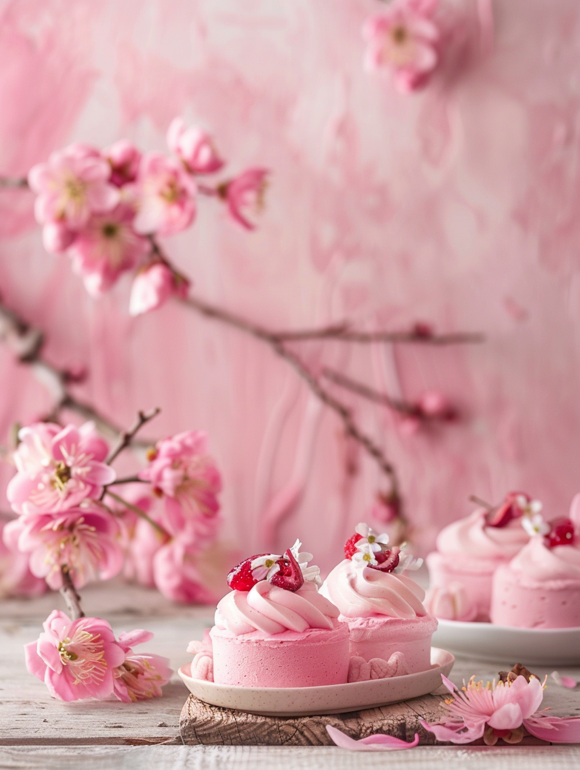 Pink rose and raspberry mousse cakes topped with cream swirls and raspberries